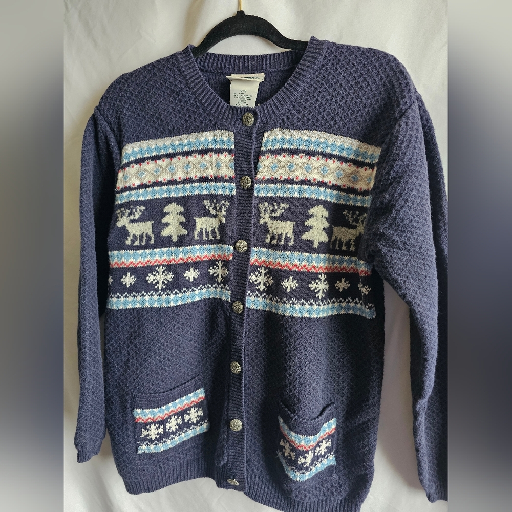Northern Reflections Navy Cardigan with Reindeer Design Med